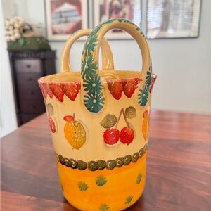 Colorful Hand Painted Italica Ars Yellow Ceramic Utensil Holder or Vase Italy